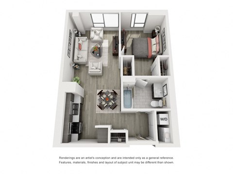 Floor plan for 1 bed, 1 bath, 738 sqft